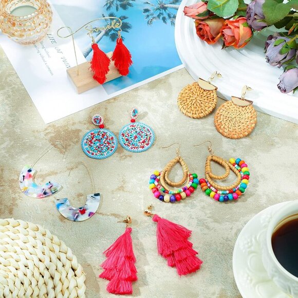 6 Pair Rattan Earrings Straw Tassel Bohemian Earrings for Girl Women Summer Beac - Picture 6 of 6